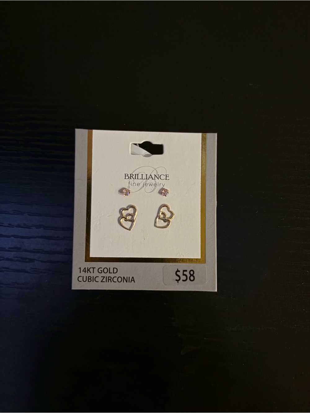 14KT Gold Heart & Pink Cubic Zirconia Earring Set